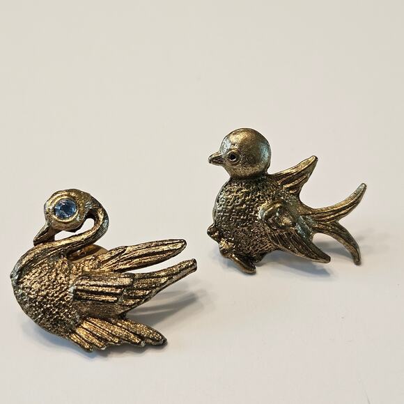 Vintage Bird Pair: Gold Toned Swan with Green Eye and Pheasant in Flight - Picture 5 of 16